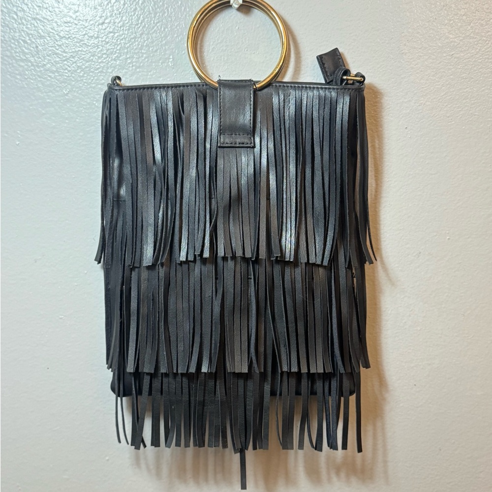 Fringed Black Leather Bag with Gold Ring Handle